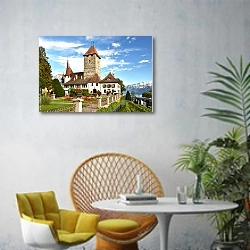 «Швейцария. Замок Шпиц летним днем» в интерьере современной гостиной с желтым креслом