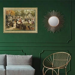 «Троице-Сергиева лавра. 1907» в интерьере классической гостиной с зеленой стеной над диваном