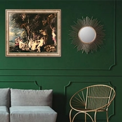 «Nymphs and Satyrs, c.1635» в интерьере классической гостиной с зеленой стеной над диваном