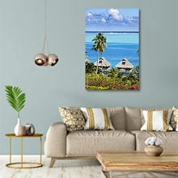 «Голубая лагуна острова Бора-Бора, Полинезии» в интерьере современной гостиной с голубыми стенами