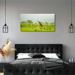 «Жираф на зеленой равнине» в интерьере современной спальни с черной кроватью