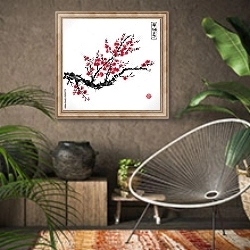 «Восточная красная сакура в цвету » в интерьере комнаты в этническом стиле