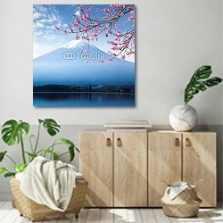 «Гора Фудзи и вишни на озере Кавагутико» в интерьере современной комнаты над комодом