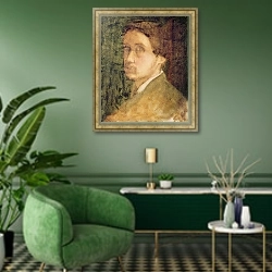 «Self Portrait, c.1852» в интерьере гостиной в зеленых тонах