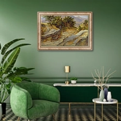 «Italian Mountain Landscape, c.1824» в интерьере гостиной в зеленых тонах