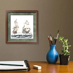 «Два парусных корабля в море» в интерьере кабинета с бежевыми стенами над столом