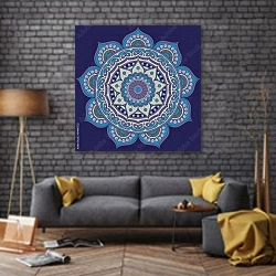 «Круглый орнамент в синих тонах» в интерьере в стиле лофт над диваном