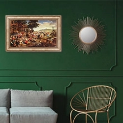 «Крестьянская ярмарка (Фламандская ярмарка)» в интерьере классической гостиной с зеленой стеной над диваном