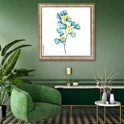 «Веточка эвкалипта с желтыми цветками» в интерьере гостиной в зеленых тонах