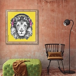 «Лев в наушниках» в интерьере комнаты в стиле поп-арт с оранжевой стеной