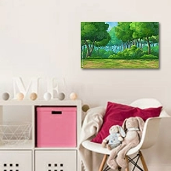 «Летний лес» в интерьере детской комнаты для девочки с розовыми деталями