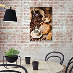 «Чашка кофе и круассаны, натюрморт» в интерьере современной кухни с кирпичной стеной