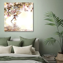«Цветущая абрикосовая ветвь  с тремя бабочками» в интерьере современной спальни в зеленых тонах