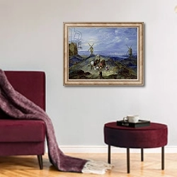 «Landscape with Two Windmills, 1612» в интерьере гостиной в бордовых тонах