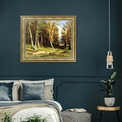 «Лес перед грозой 1872» в интерьере классической спальни с темными стенами