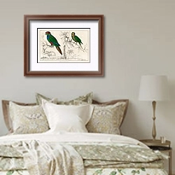 «Редкая старинная раскрашенная вручную картина двух попугаев» в интерьере спальни в стиле прованс над кроватью