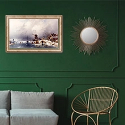 «Фигуристы зимой, Голландия» в интерьере классической гостиной с зеленой стеной над диваном