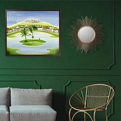 «Fishing from my island» в интерьере классической гостиной с зеленой стеной над диваном