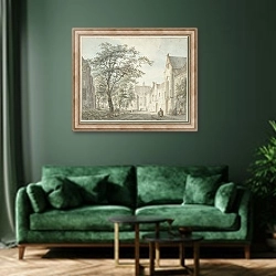 «Gezicht in de stad Montfoort» в интерьере зеленой гостиной над диваном