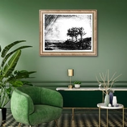 «The Three Trees, engraved by James Bretherton» в интерьере гостиной в зеленых тонах