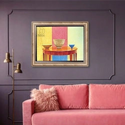 «Still Life, Three Lucie Rie Bowls, 1985» в интерьере гостиной с розовым диваном