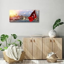 «Турция, Стамбул. Вид на набережную и турецкий флаг» в интерьере современной комнаты над комодом