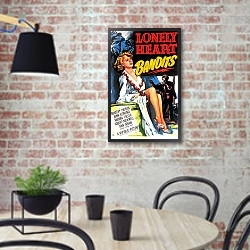 «Film Noir Poster - Lonely Heart Bandits» в интерьере кухни в стиле лофт с кирпичной стеной