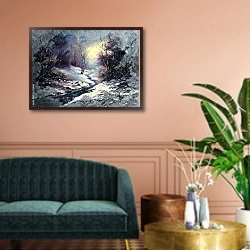 «Зимний пейзаж с ручьем в лесу» в интерьере классической гостиной над диваном