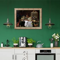 «Still Life, 1640» в интерьере кухни с зелеными стенами