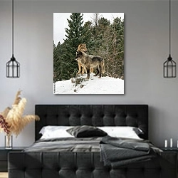 «Два волка на фоне зимнего леса» в интерьере современной спальни с черной кроватью