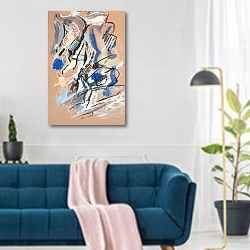 «Rød komposisjon» в интерьере современной гостиной над синим диваном