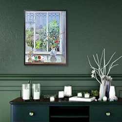«Moonlit Flowers, 1991» в интерьере прихожей в зеленых тонах над комодом