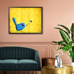 «Синий кот с телефоном» в интерьере зеленой гостиной над диваном