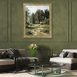 «Пасека в лесу. 1876» в интерьере гостиной в оливковых тонах