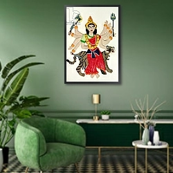«Durga» в интерьере зеленой гостиной над диваном