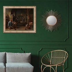 «Интерьер гостиницы с крестьянами курящими и разговаривающими за столом у огня» в интерьере классической гостиной с зеленой стеной над диваном