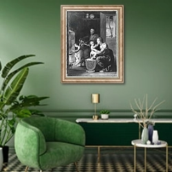 «Holy Family, after 1650» в интерьере гостиной в зеленых тонах