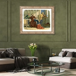 «Queen Anne intercedes with Gloucester and Arundel for Sir Simon Burley» в интерьере гостиной в оливковых тонах