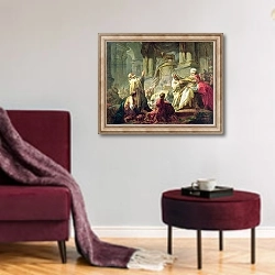 «Jeroboam Sacrificing to the Golden Calf, 1752» в интерьере гостиной в бордовых тонах