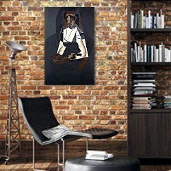 «Woman with Mandolin» в интерьере кабинета в стиле лофт с кирпичными стенами