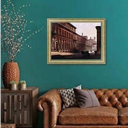«The Ca' Grande in the Via Festa del Perdona, with S, 1842» в интерьере гостиной с зеленой стеной над диваном