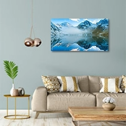 «Россия, Кавказ. Весеннее горное озеро 2» в интерьере современной гостиной с голубыми стенами
