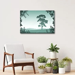 «Пейзаж с одиноким деревом» в интерьере современной комнаты над креслом
