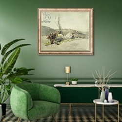 «The Fallen Tree, c.1804» в интерьере гостиной в зеленых тонах
