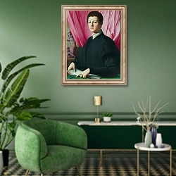 «Портрет молодого человека 5» в интерьере гостиной в зеленых тонах