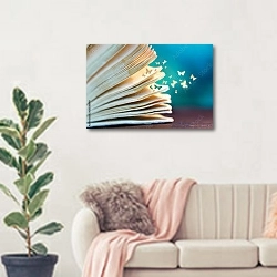«Бумажные бабочки из открытой книги» в интерьере современной светлой гостиной над диваном