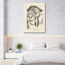 «Architectonic Absolute; Head and Houses» в интерьере светлой минималистичной спальне над кроватью