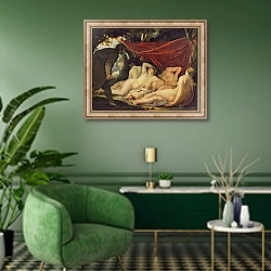 «Venus and the Graces Surprised by a Mortal» в интерьере гостиной в зеленых тонах