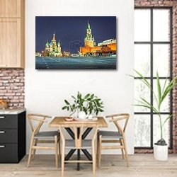 «St. Basil s Cathedral at dawn in Beautiful Red Square, Moscow, Russia» в интерьере кухни с кирпичными стенами над столом