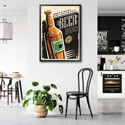 «Пиво, ретро-плакат с пивной бутылкой » в интерьере современной светлой кухни